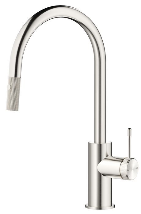 Mica Fluted pull-out sink mixer with a curved spout and fluted detailing in brushed nickel on a white background.