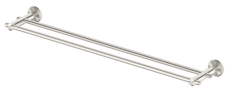 Mica Heritage Double Towel Rail in brushed nickel with round wall mounts. 