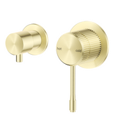 Mica Fluted Shower Mixer Diverter Sideways in French gold, shown from two angles on a white background. 