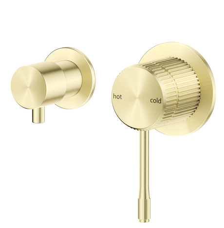 Mica Fluted Shower Mixer Diverter Sideways in French gold, shown from two angles on a white background. 