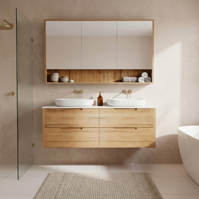 Bathroom with wooden vanity, mirrors, and white fixtures.