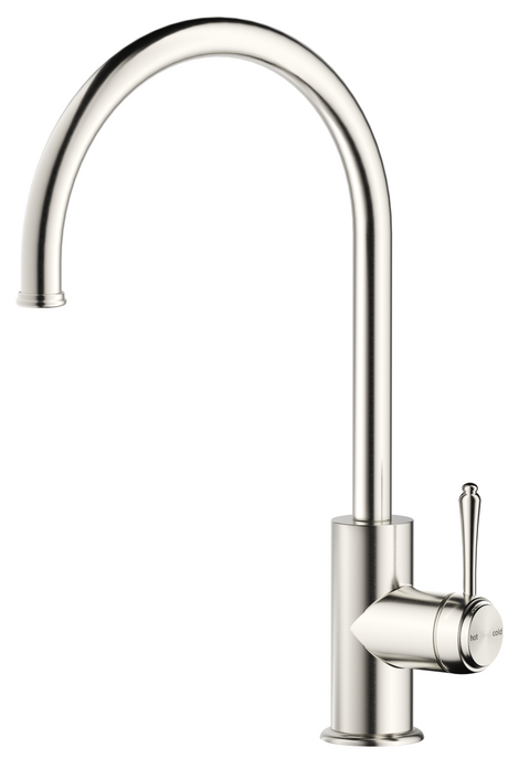 Mica Heritage Gooseneck Sink Mixer in brushed nickel with a curved spout and lever handle.