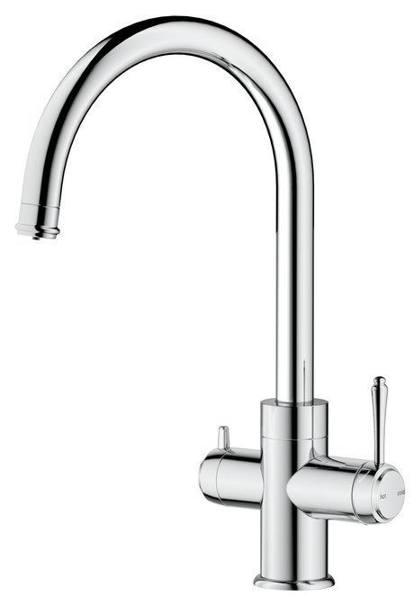 Mica Heritage 3-Way Filter Sink Mixer in polished chrome with a high curved spout and separate filtered water control. 