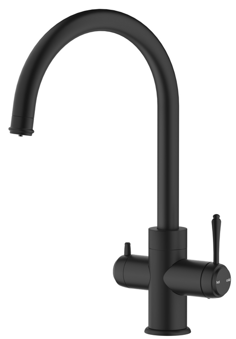 Mica Heritage 3-Way Filter Sink Mixer in matte black with a high curved spout and separate filtered water control. 