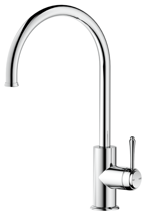 Mica Heritage Gooseneck Sink Mixer in polished chrome with a curved spout and lever handle.