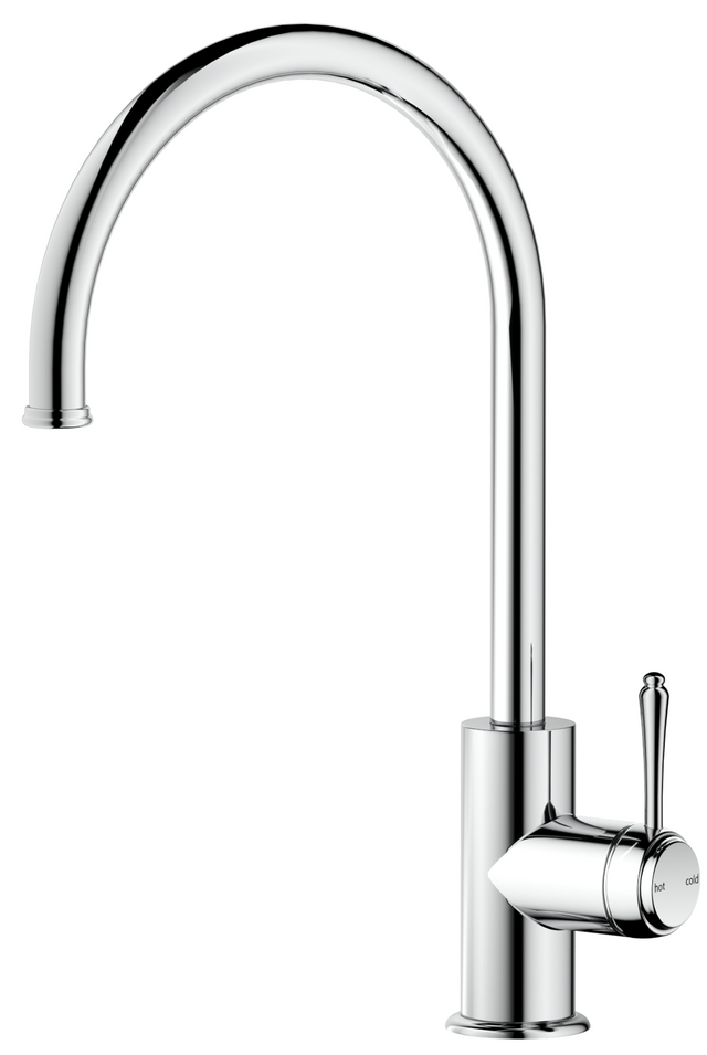 Mica Heritage Gooseneck Sink Mixer in polished chrome with a curved spout and lever handle.