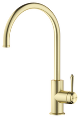Mica Heritage Gooseneck Sink Mixer in French Gold with a curved spout and lever handle.