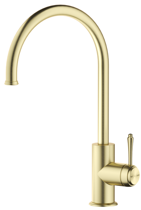 Mica Heritage Gooseneck Sink Mixer in French Gold with a curved spout and lever handle.