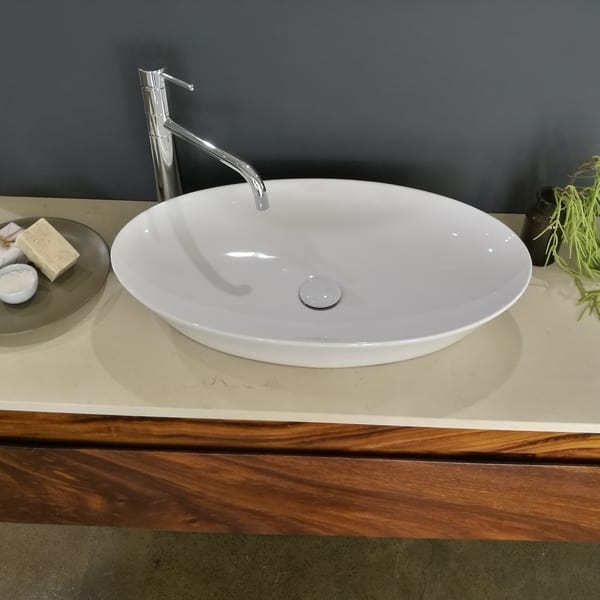 Ceres white ceramic oval counter top basin on timber vanity