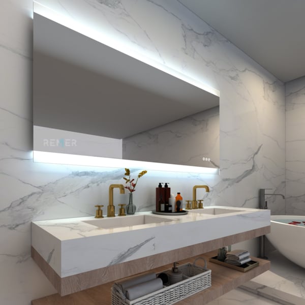 Otto Premium LED Mirror with Bluetooth Speakers & demister 1200x700mm in bathroom setting
