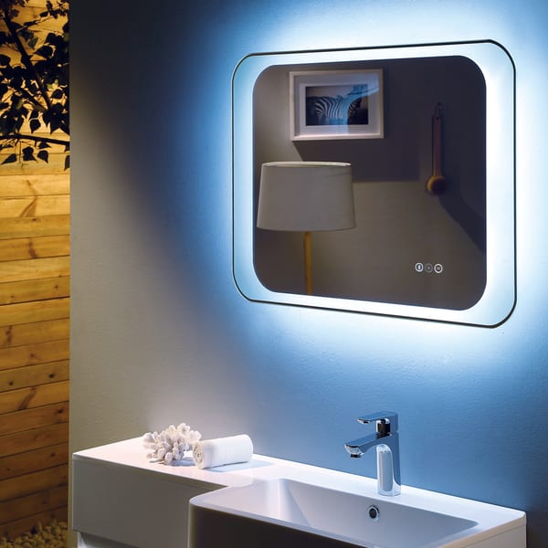 Otis Deluxe LED Mirror with digital clock, touch buttons & demister 800x600x30mm close up